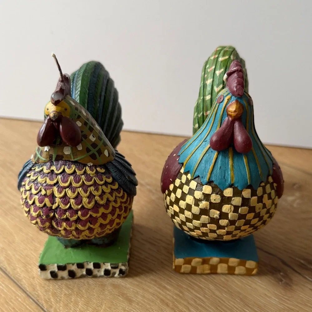 Vintage Rooster Chicken Figurine Candle Set Farmhouse Folk Art Decor 2 Piece NEW
